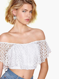 Top cropped blanc en polyester unicolore avec dentelle