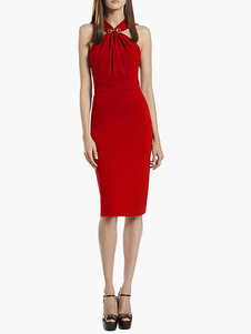 Robe moulante en coton mélangé rouge plissé à col V