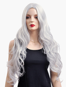 Perruque longue argente ébouriffée frisée raie au milieu