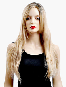 Perruque longue marronne claire droite ébouriffée de kanekalon