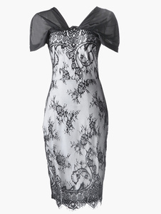 Robe moulante en coton mélangé col V color-block avec dentelle