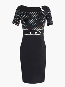 Robe moulante en coton mélangé noir col bateau à pois