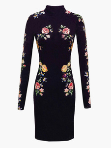 Robe moulante en coton mélangé noir à col roulé imprimé fleuri