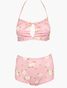 Maillot de bain 2 pièces rétro en lycra spandex imprimé fleuri