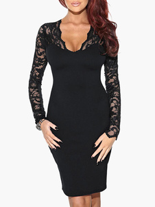 Robe moulante en coton mélangé à col V avec dentelle