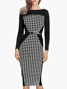 Robe moulante noire à col bateau imprimée dents de chien