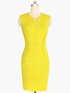 Robe moulante en coton mélangé jaune décolleté cranté unicolore