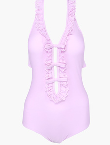 Bikini une pièce en lycra spandex unicolore à volants et à licou