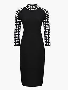 Robe moulante en coton mélangé noir unicolore creusé à col roulé