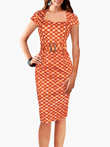 Robe moulante en coton mélangé écossais col carré avec ceinture