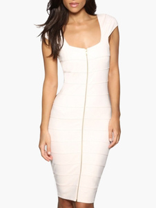 Robe moulante en coton mélangé unicolore avec col U