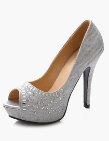 Chaussures à bout ouvert à talon aigu en tissu avec strass