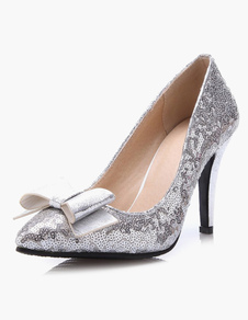 Escarpins à bout pointu en tissu de paillettes avec noeud