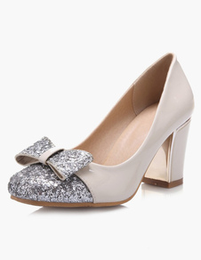 Escarpins à talon épais en PU avec noeud pailleté