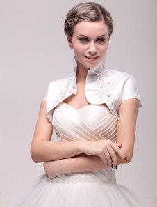 Boléro de mariage perlé en satin ivoire à manche courte