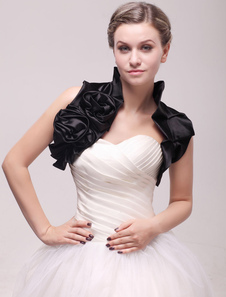 Boléro de mariage en satin stretch noir avec rose