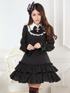 Robe lolita en polyester noire avec dentelle