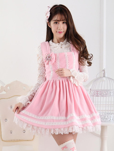 Robe à bretelles lolita en polyester rose avec dentelle
