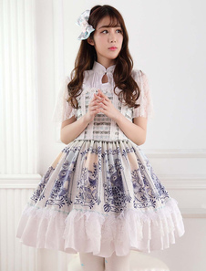 Robe lolita en polyester abricot foncé imprimé avec dentelle