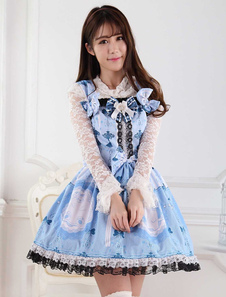 Robe à bretelles lolita en polyester bleu imprimé avec dentelle