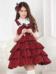 Robe à bretelles lolita en polyester rouge écossais avec dentelle