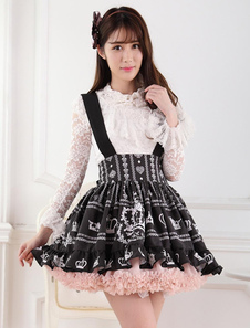 Jupe Lolita noire douse séduisante en polyester impression avec dentelle