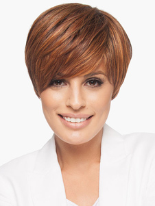 Perruque courte marronne ébouriffée en fibre frange oblique