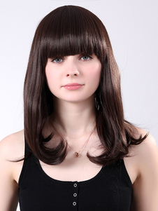 Perruque moyenne marronne foncée synthétique boucles en bas