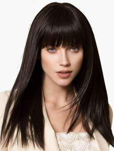 Perruque moyenne drote noire brunâtre en fibre avec frange droite