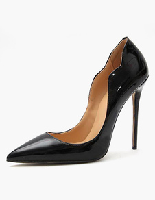 Chaussures à talon aigu bout pointu en cuir verni noir unicolore