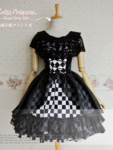 Robe lolita en popeline noire bicolore à carreaux