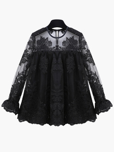 Blouse en dentelle unicolore brodée à demi-transparence