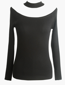 Pull mince noir unicolore creusé à manches longues