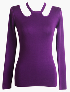 Pull féminin noir unicolore creusé manches longues