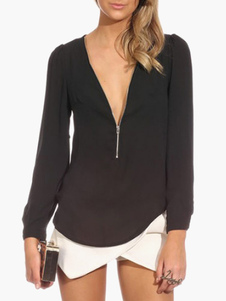 Blouse femme en chiffon noir unicolore avec zip