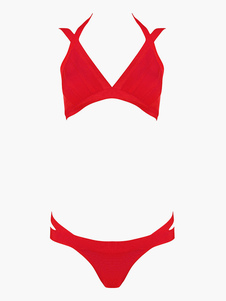 Ensemble bikini en rayonne rouge à licou et dos décolleté