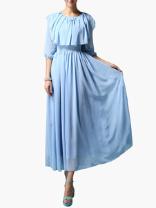 Robe longue en chiffon bleu unicolore plissé à volants