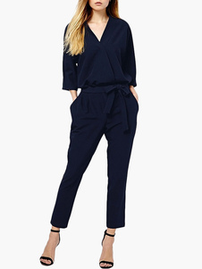 Combinaison femme bleu foncée unicolore avec lacets