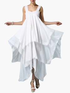 Robe longue en chiffon blanc unicolore asymétrique à col carré
