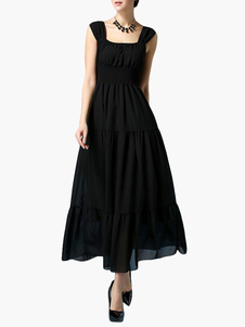 Robe longue en chiffon à demi-transparence plissé col carré