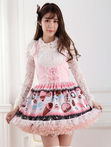 Robe à bretelles lolita en polyester rose avec dentelle