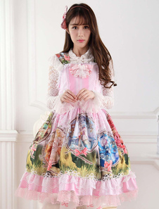 Robe à bretelles lolita en polyester rose imprimé avec dentelle