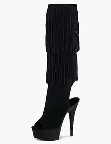 Bottes en PU noir creusé avec frange multicouche