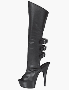 Bottes en PU noir creusé avec boucles