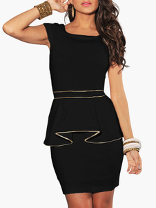 Robe de club en polyester unicolore avec péplum et passepoil