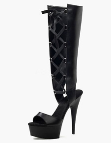 Bottes en PU noir creusé avec lacet