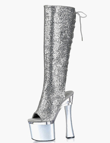 Bottes en tissu de paillettes argentes à lacet