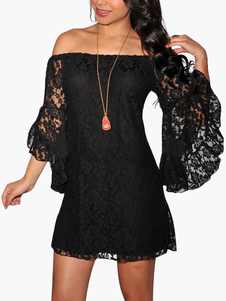 Robe de club en polyester noir avec dentelle hors de l'épaule