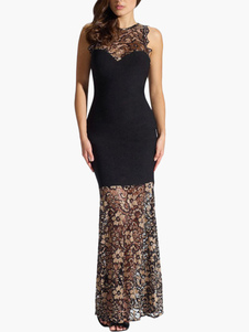 Robe longue en polyester noir à demi-transparence imprimé fleuri