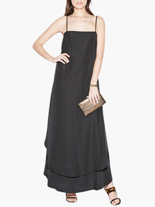 Robe maxi en polyester noir unicolore multicouche à bretelles